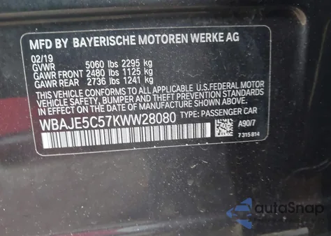 2019 BMW 540I z USA, uszkodzony, nr VIN WBAJE5C57KWW28080